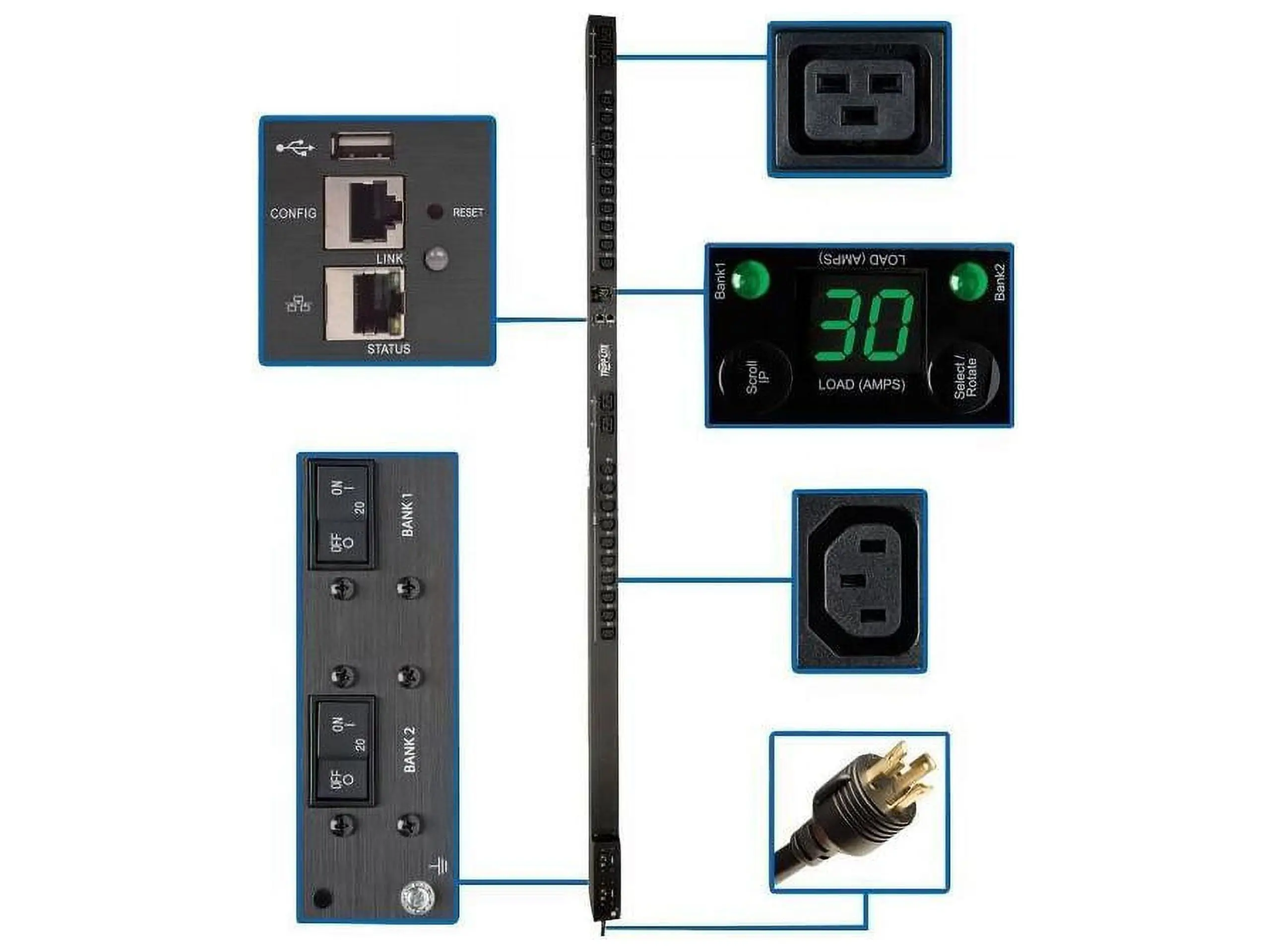 Tripp Lite Vertical Rack-Mounted Single-Phase Switched PDU with LX Platform Interface, 30A Max Current, 200V-240V Output, 24 Switched Outlets (IEC 320-C13/C19), NEMA L6-30P AC Input, 70"h x 2.19"w x 2.65"d