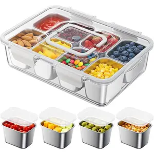 Snackle Box Container with 8 Removable Stainless Steel Compartments Divided Snack Tray with Portable Handle for Beach, Road Trip, Picnic, Boat Days, Ball , Pool and Parties
