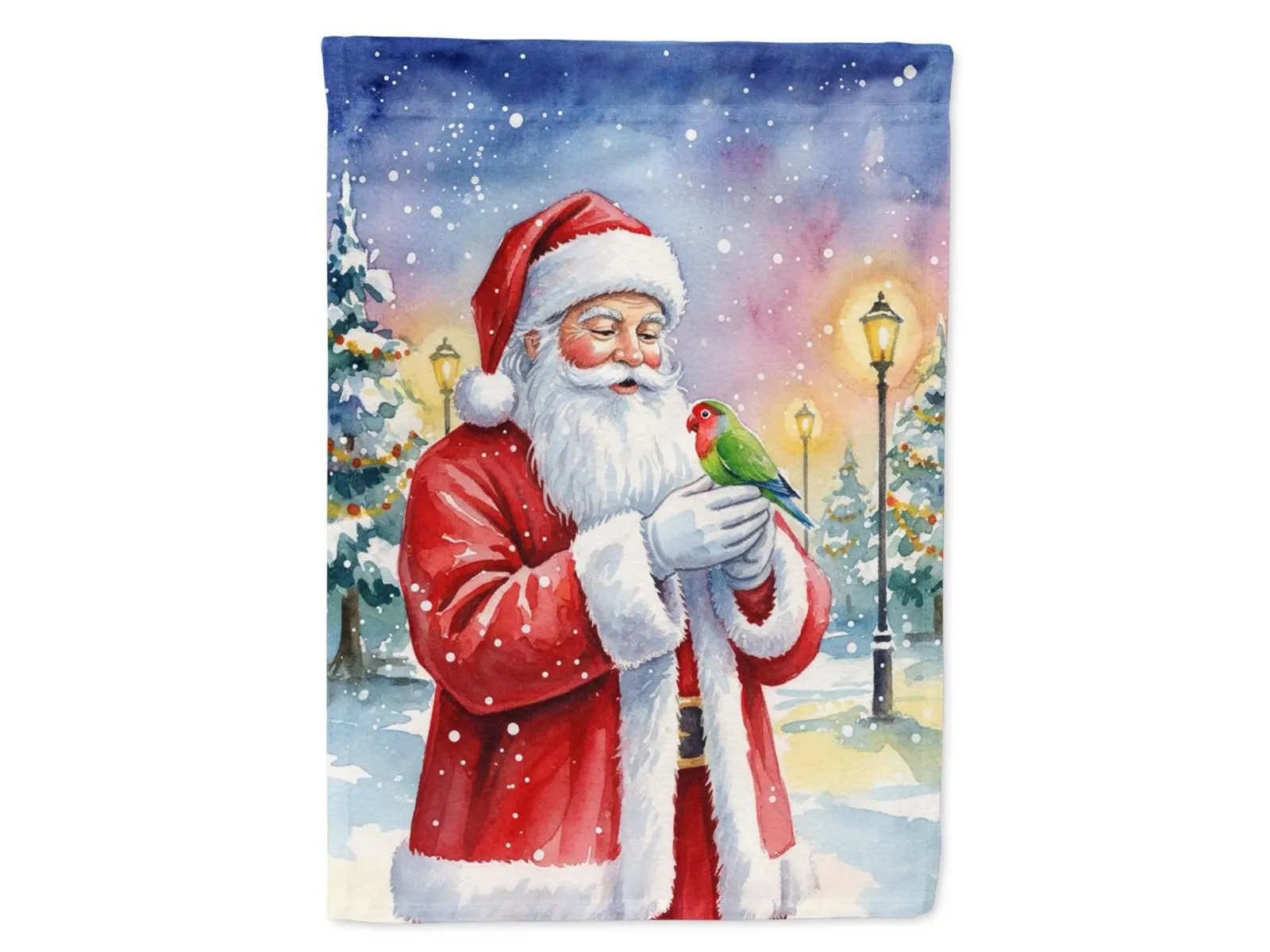 Carolines Treasures FNT1202CHF 40x28 in. Christmas Artwork Print House Flag, Lovebird with Santa Claus Design, Festive Home Decor Gift