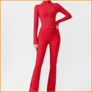 Women's 2 Piece Yoga Set Crop Jacket & High Waist Flare Pants 4-Way Stretch Moisture Wicking Athleisure Gym Workout Set