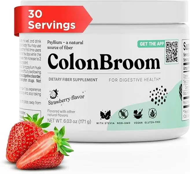 ColonBroom Psyllium Husk Powder (Strawberry, 30 Servings) - Colon Cleanse for Bloating Relief & Gut Health - Colon Broom Fiber Powder Drink - Vegan, Gluten Free, Non-GMO Fiber Powder Supplement