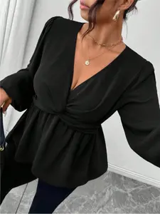 Women's Plus Size Elegant Solid V Neck Long Sleeve Top for All Seasons, Stylish Womenswear for Casual and Daily Use