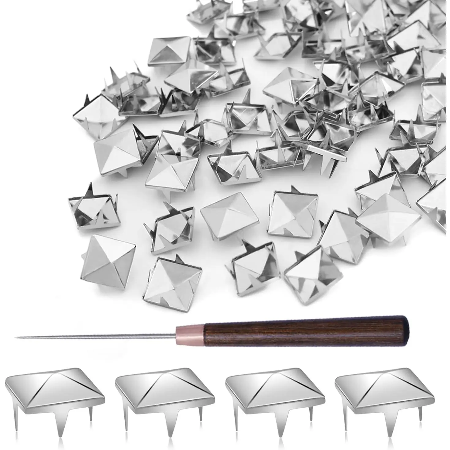 500 Sets 10x10mm Durable Metal Square Pyramid Studs - Claw Nailhead Spike Rivets with Tool for Punk Rock Clothing, Leather Shoes DIY Projects (Silver)