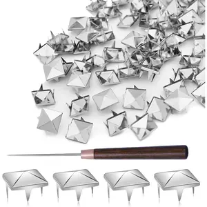 500Pcs 10mm Square Pyramid Studs for Clothing, Metal Claw Nailhead Spike Rivets Studs with Tool for Punk Rock Clothing Leather Shoes Bag DIY Craft Accessories (Silver)