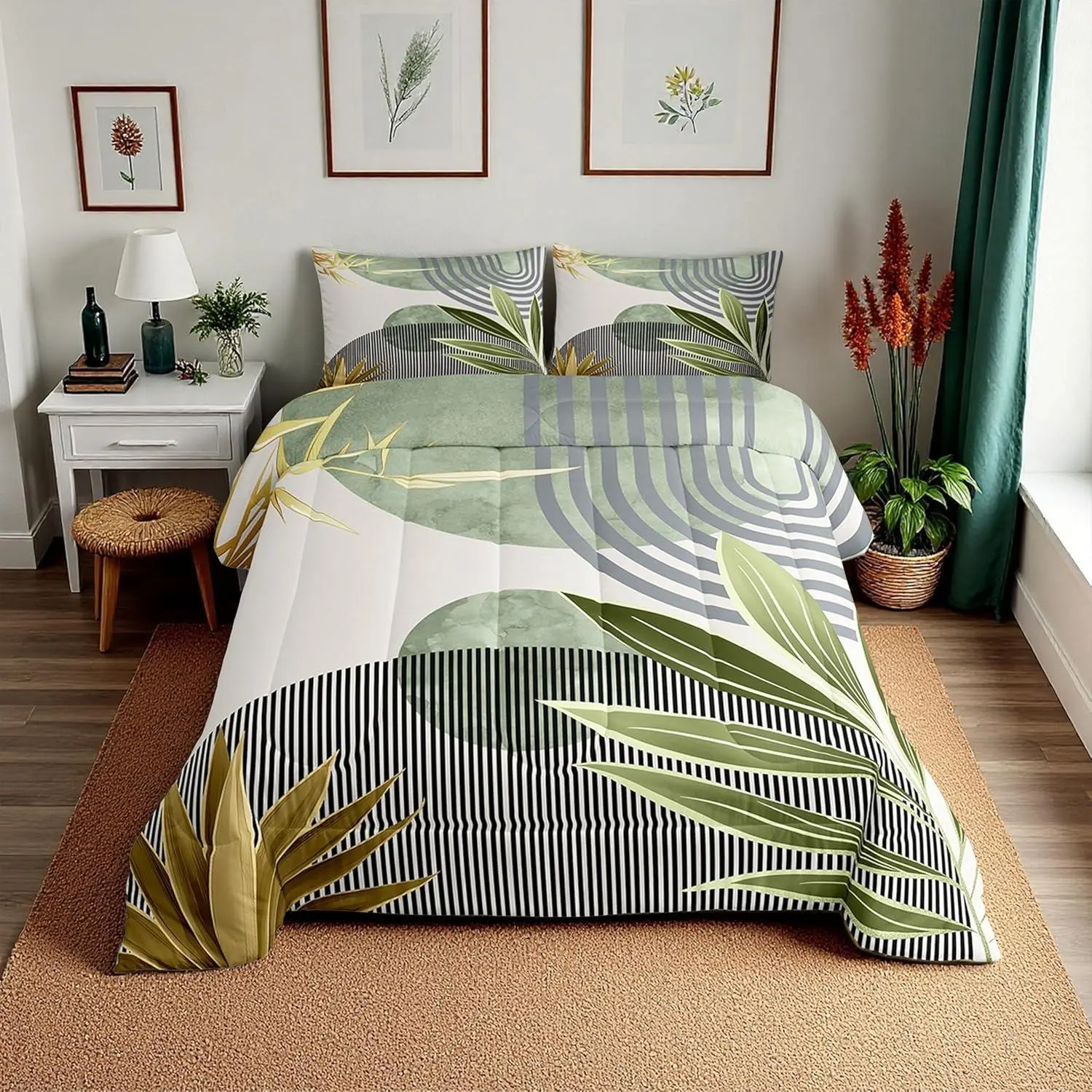 Feelyou Breathable Microfiber Lightweight Quilt Bedspread Set - Queen, Multi-Size, Mid-Century Boho Bedding, Modern Geometric Sun Arch Curve, Abstract Leaves Design, Travel-Friendly All-Seasons Bedroom Linen