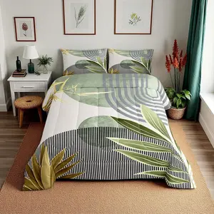 Mid Century Boho Bedding Set,Modern Geometric Comforter Set,Minimalist Bedding Sets, Abstract Retro Sun Aesthetic Arch Curve Leaves Quilt