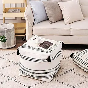 MOCOFO Boho Ottoman Square Footstool Pouf Cover - Unstuffed Tufted Woven Seat with Tassels for Storage and Decor Orange Polka Dot Pumpkin Pillow Cover