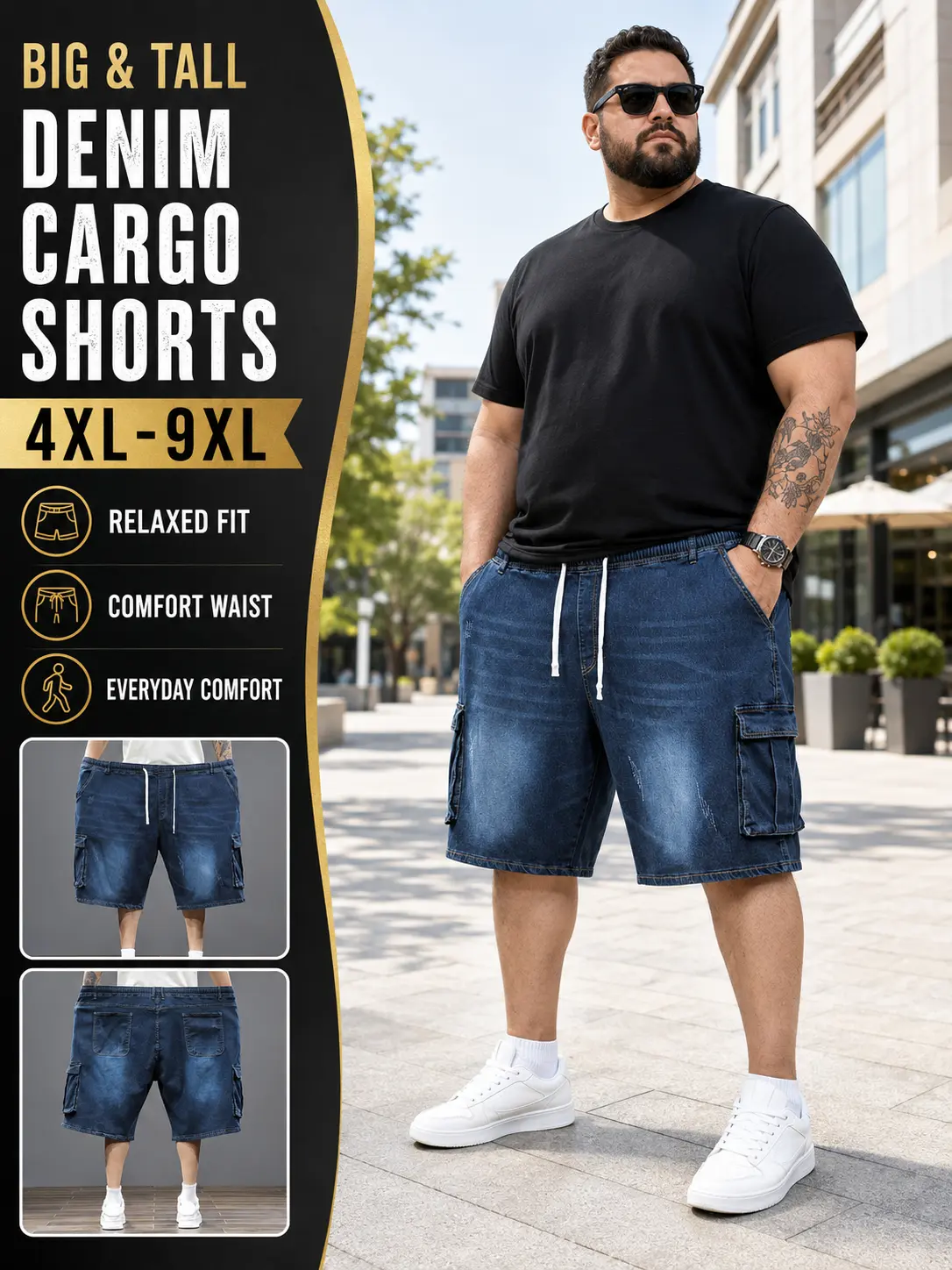 Men's Oversized Cargo Denim Bermuda Shorts, Multi-Pocket, Drawstring Elastic Waist Elastic Waistband Shorts Denim Casual Shorts