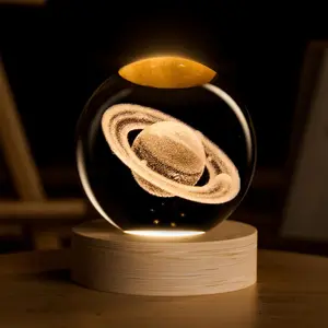 F-SO10  Saturn Crystal Ball, 2.4 inch Decorative Quartz Glass Ball Sphere with Wooden Base, Paperweight Display Sculpture Home Decor Gifts for Women Friends Girls