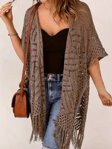 Medium-Length Fashion Loose Knit Kimono Cardigan, Hollow Out Fringe Design, Sun Protection, Plus Size Women's Outerwear