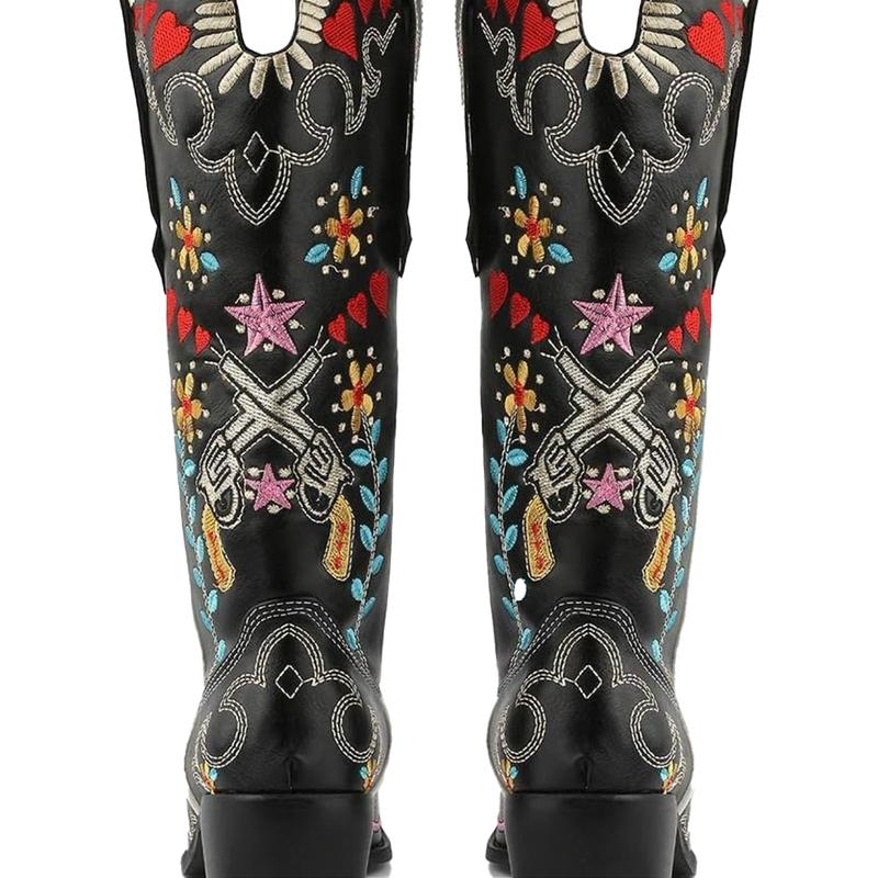 AOSPHIRAYLIAN Womens Floral Heart Embroidered Cowboy Cowgirl Boots Retro Pointed Toe Pull-On Western Boots Chunky Heels Mid Calf Boots