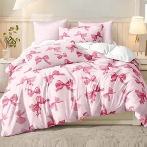 3pcs Cute Bow Print Bedding Set, Soft Comfortable Breathable Duvet Cover and Pillowcases, for Bedroom Hotel or Dorm, Perfect Holiday Gift