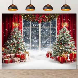 Christmas Window Backdrop – Snowy Night Scene with Xmas Trees & Gifts Banners | 2D Flat Wall Tapestry Holiday Decor 2025 | Cozy Winter Wonderland Photo Background | Trending TikTok Room Setup Peach Print Lightweight Ornaments