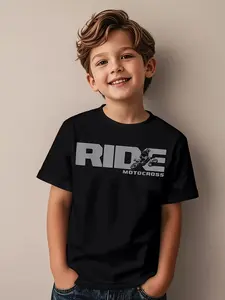 3-13YBoys' Motocross Graphic T-Shirt- RIDE& Dirt Motocross Lettering, Short Sleeve Crewneck Casual Tee, All-Season Durable Motorcycle Riding Apparel, Off-Road Rider Gift, Casual Wear and Racing, Easy-Care Clothing