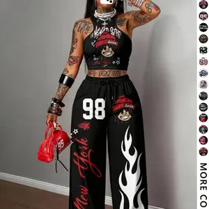 Women's patterned long pants set, casual slim fit underwear, regular length, suitable for all seasons, comfortable and fashionable, suitable for daily wear