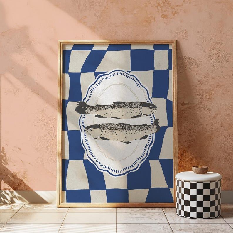 Sardines Poster, Blue Sardines Wall Art, Retro Sardines Print, Blue Checkered Print, Fish Kitchen Decor, Dining Room Decor, Retro Kitche