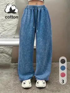 Women's Y2K Style Drawstring Waist Wide Leg Pants, Loose Fit Casual Sporty Long Trousers, Washed Vintage Look, All Seasons Wear