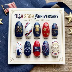 Patriotic USA 250th Anniversary Press-On False Nails, Red White Blue Freedom Themed Nail Art Decoration Set