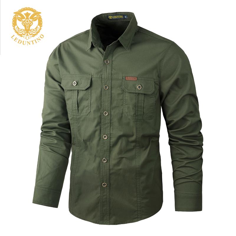 LEDUNTINO Men's 100% Cotton Long Sleeve Shirt - Collared Neck, Button-Front, All-Day Loose Fit, Multiple Pockets, Casual Plain, Machine Washable, Natural Fabric Men's Casual Shirts, Green, Daily Wear Menswear Top