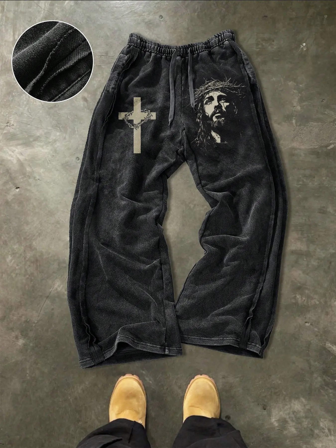 Men's Casual Loose Cotton Sport Pants, Jesus Cross Print, Outdoor, Vacation, Party, Daily Wear, Street Style, Drawstring Waist, Casual Sporty Trousers, Drawstring Sports Pants, Casual Athletic Pants