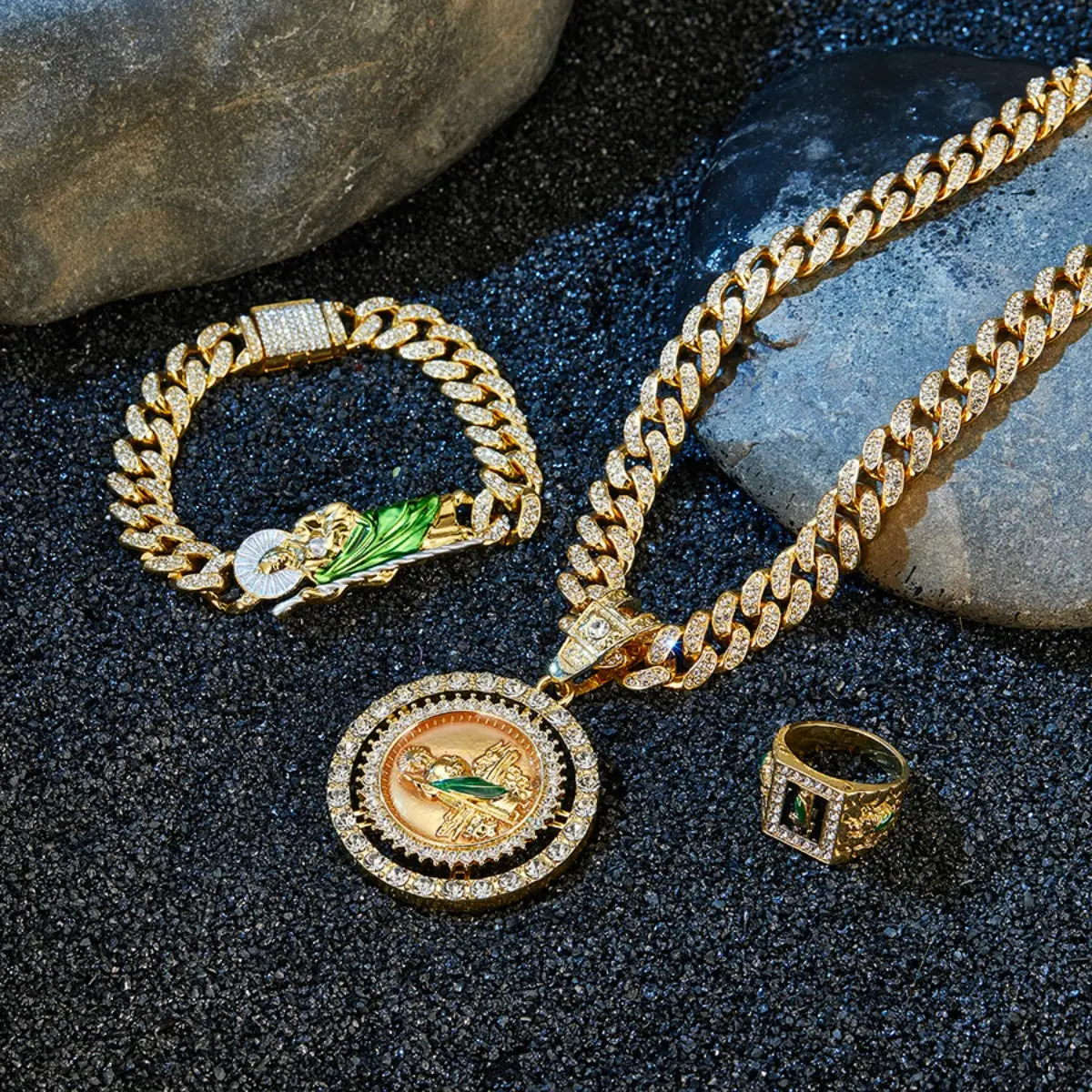 Unisex 2-Piece Adjustable Rhinestone Matching Jewelry Set - Alloy Rotatable Jesus Bracelet, Hip-Hop Streetwear Chain Necklace, Bling Mens Clothing Accessory, Meaningful Adult Gift