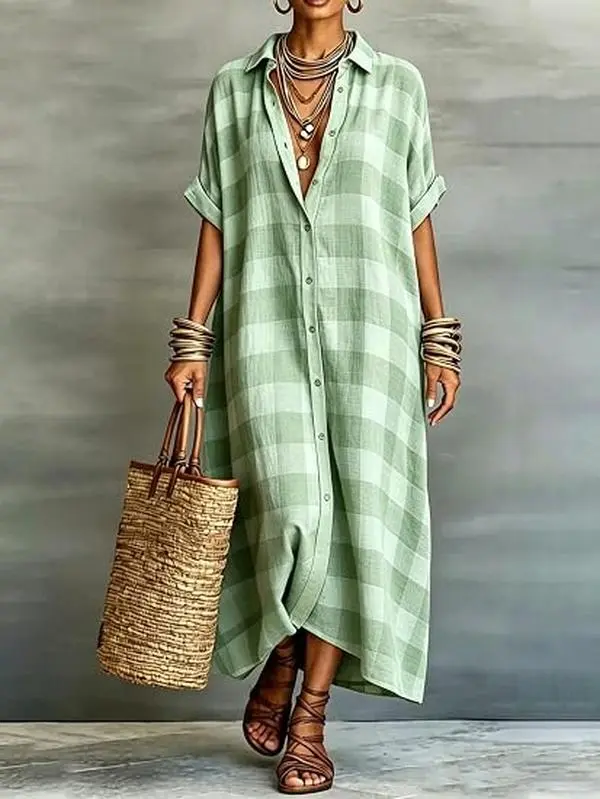 Women's Cotton Linen Maxi Shirt Dress Short Sleeve Button Down Casual Loose Summer Gingham Beach Cover Up