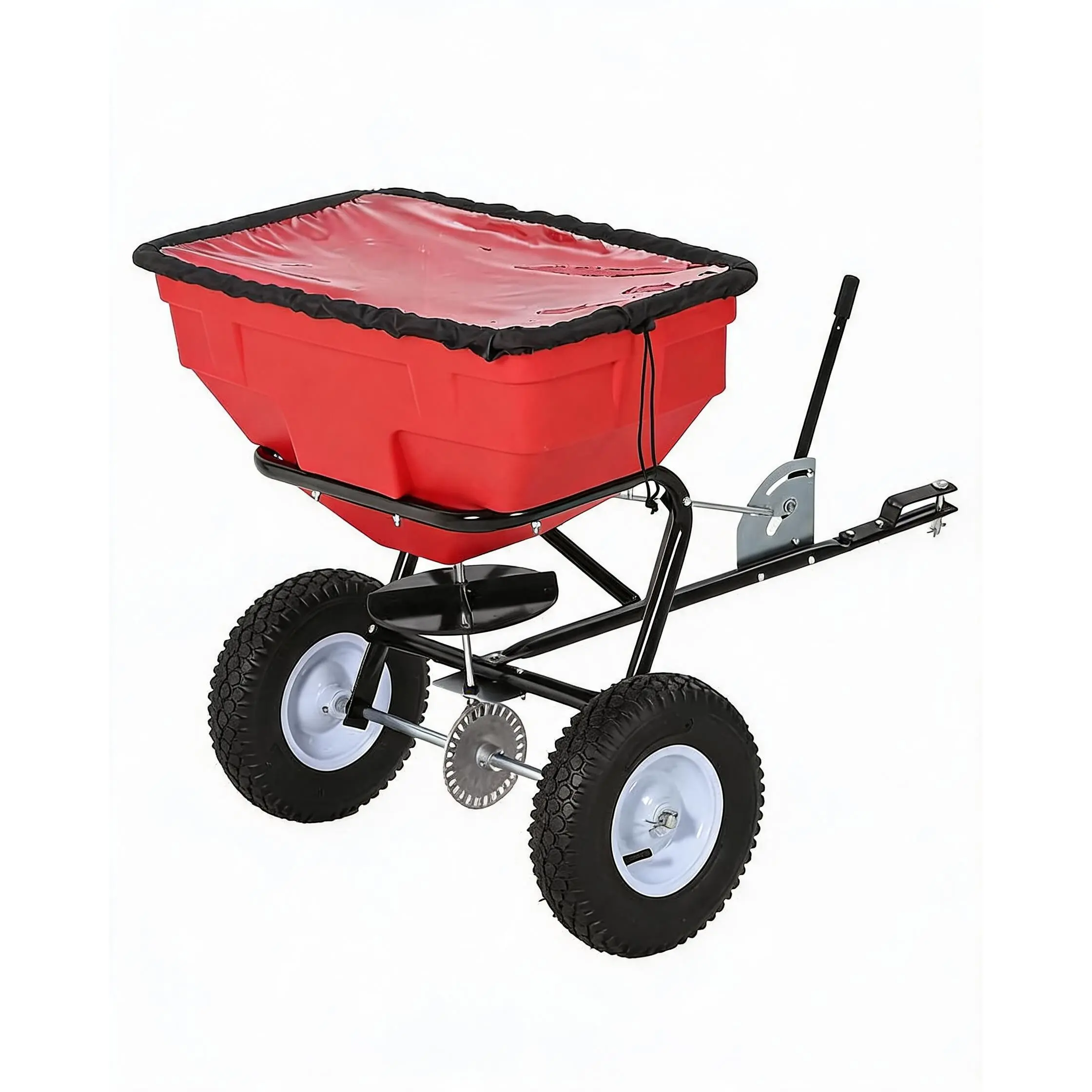 Heavy Duty Tow Behind Broadcast Spreader for Lawn & Garden – 130LBS Capacity – 30 Adjustable Settings – Global Hitch – 9.8ft Spreading Width – Fertilizer, Seed, Salt & Ice Melt – Powder-Coated Steel – Black (Douzi) 125L