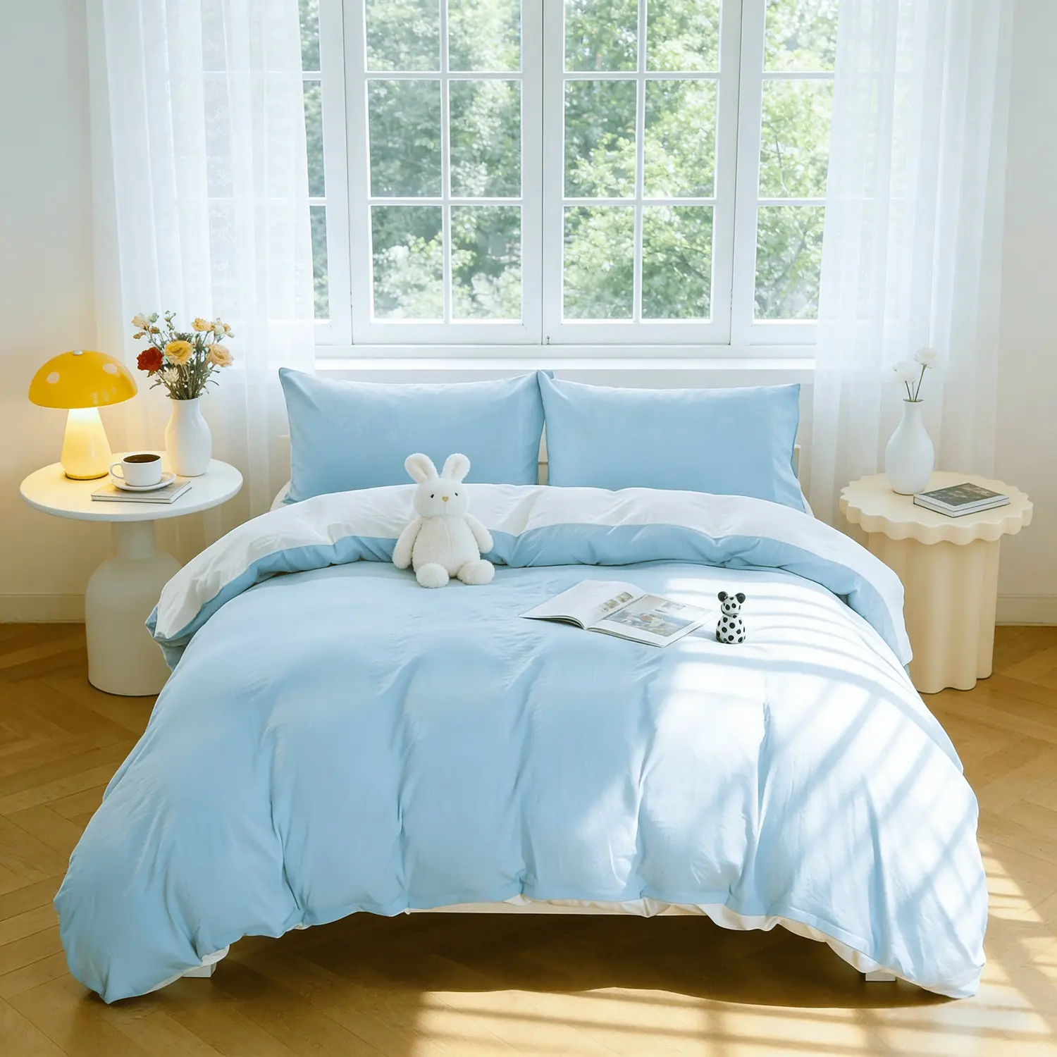 Three-Piece Full Cotton Printed Bedding Set, Solid Blue Fleece Comfortable Breathable Duvet Cover and Pillowcase Set, Soft Bedding Sets, Comfy Bedding Set