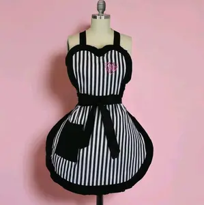 Spiderweb Heart Black & White Striped Vintage Inspired Apron