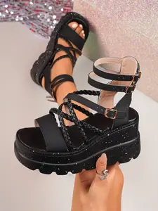 Women's Summer Thick Sole Roman Sandals, Punk Style Square Toe Height Increasing Platform Shoes, Casual Outdoor PU Leather Sneakers, Strappy Sandals, Casual Summer Footwear, Higher Platform Sandals