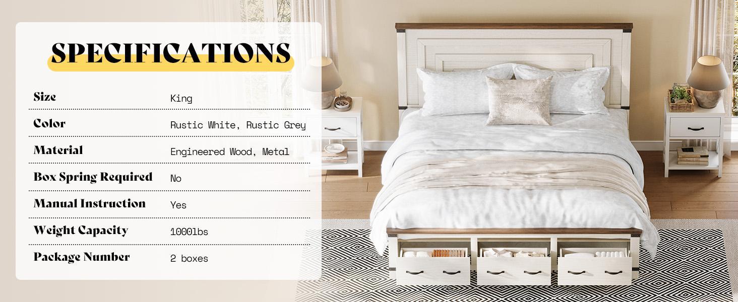 [Spring Sale] AMERLIFE Farmhouse Bed Frame with 54" Tall Geometric Headboard & Footboard, Rustic Wood Platform Bed Frame with Large Storage Drawers, Wood Slats Support, No Box Spring Needed