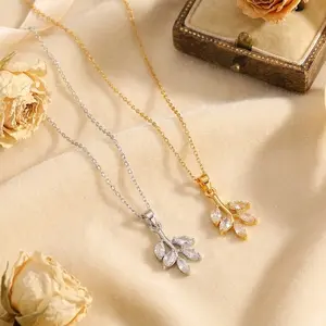 Leaf Pendant Necklace | Gold Silver CZ Diamond Inlay | Gift for Her