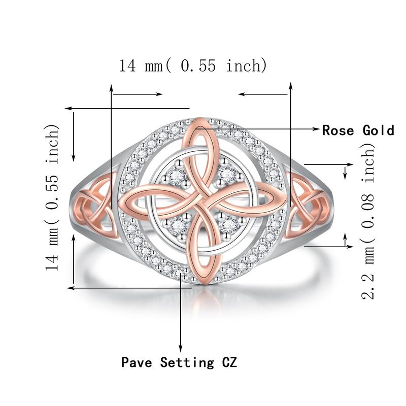 925 Sterling Silver Rose Gold Plated Celtic Knot Ring, Anillo Nudo de Bruja Plata 925 Original Witch Knot Jewelry, Cubic Zirconia Decorated S925 Witches Knot Ring, Witchtok Witch Jewerly Pagan Jewelry for Devotion for Protection
