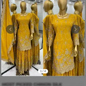 MOST PICKED CHINON SILK EMBROIDERY SEQUENCE WORK TOP SHARARA WITH DUPATTA YELLOW Womenswear Clothes Costume Comfort