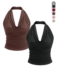 Women's Solid Color Ribbed Halter Neck Tank Top, Casual Sleeveless Basic Top for Summer, Ladies Clothes for Daily Wear
