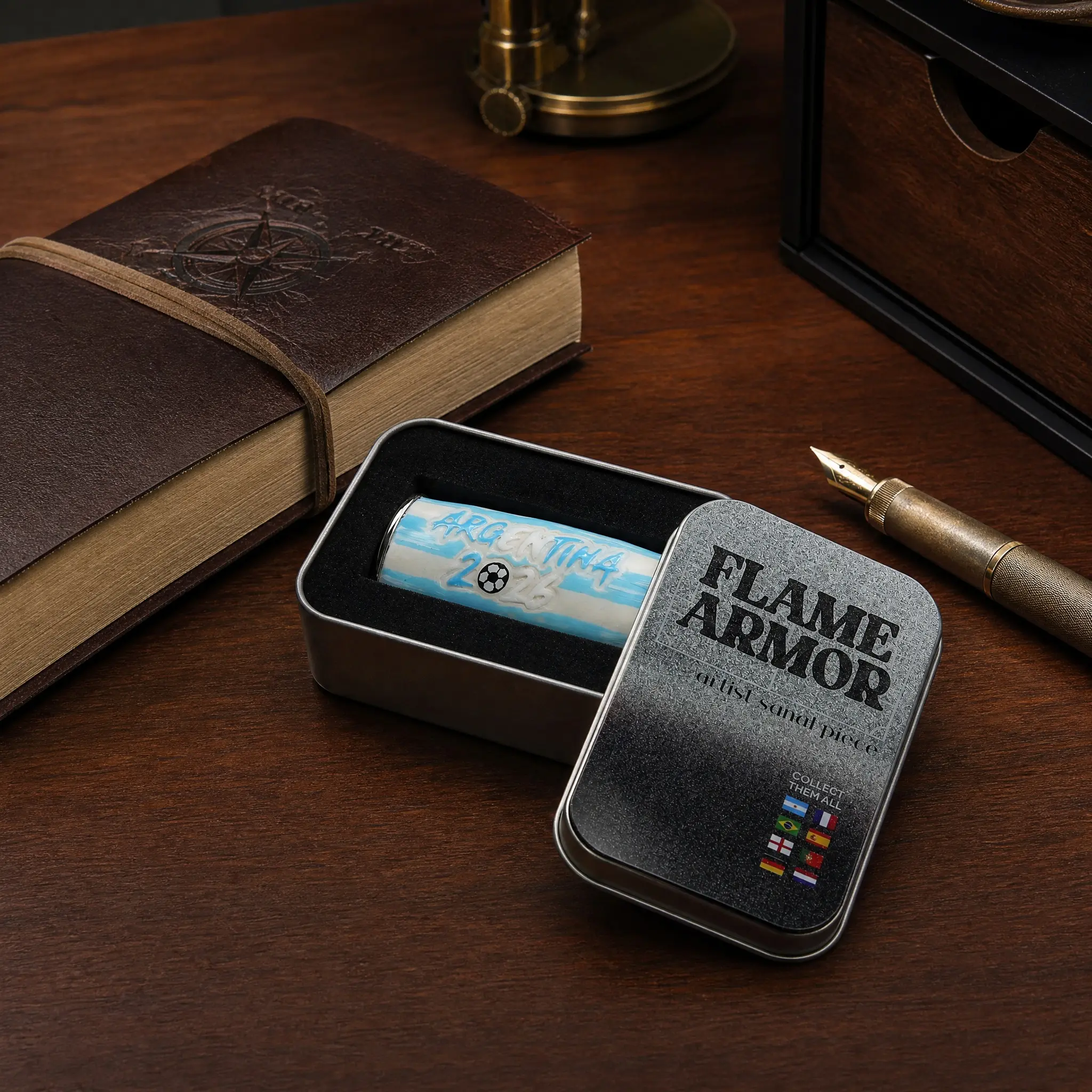 Flame Armor Premium Lighter Case Cover - For Hardcore Soccer Fans & Football Lovers - Game Day EDC, Tailgate & Bar Watch Party - 100% Hand-Painted Clay Art, Alloy Metal Ends, 2026 Argentina Limited Edition