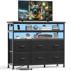 Entertainment Center Solution: TV Stand with LED Lights & Charging Hub for 45\" TV, Wood Top Console with 6 Fabric Bins & 2 Shelves, Multi-Functional for Living Room, Bedroom