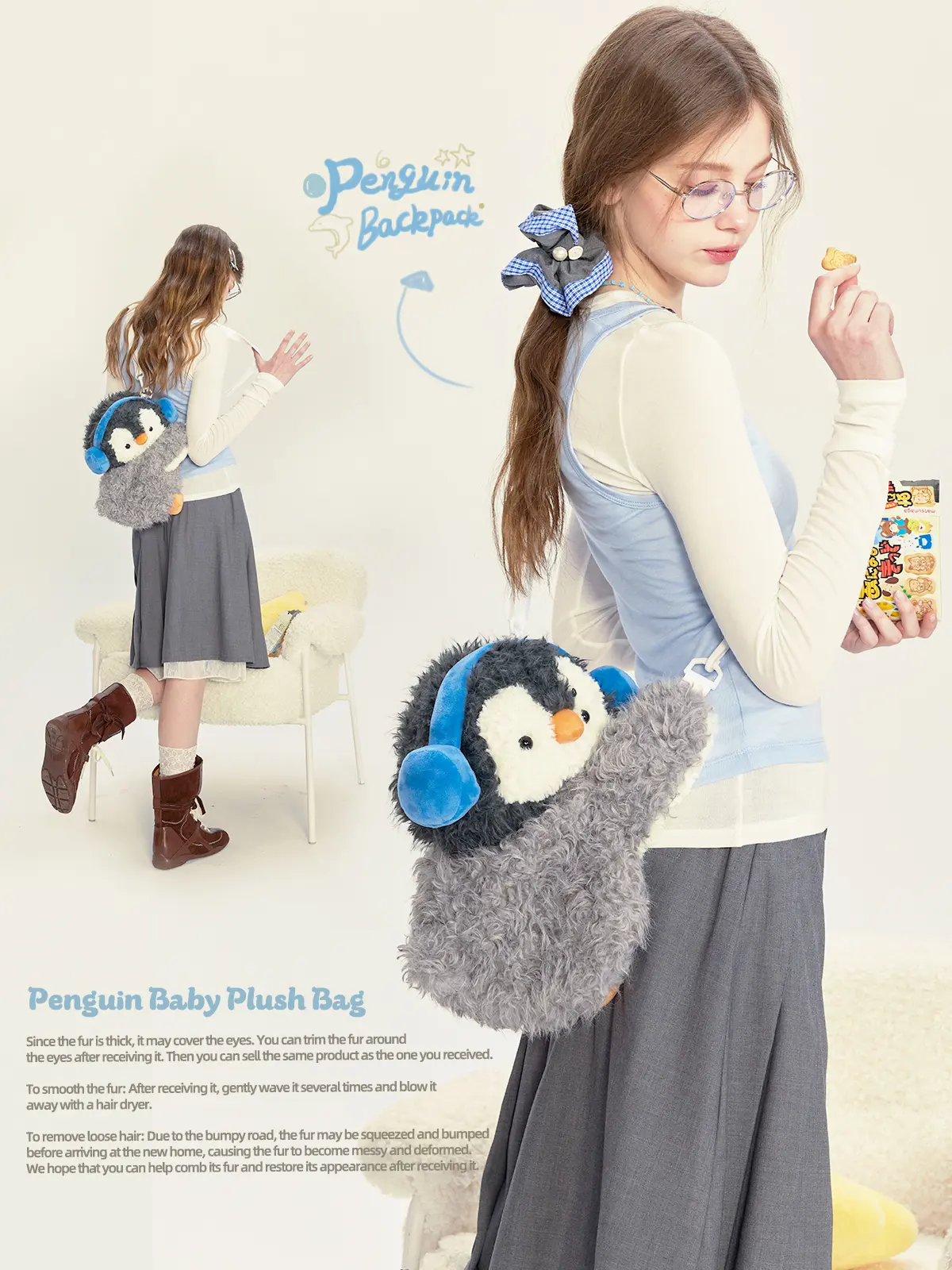 GUULYMIE Cute Japanese Style Plush Penguin Backpack-Crossbody Bag for Girls, Back to School Student Luggage Accessory, Stylish Gift