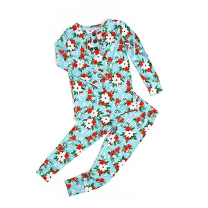 Christmas Blue Floral TWO PIECE Bamboo Girls Lounge Set - Ultra Soft Breathable Fabric with Functional Buttons for Toddlers 24M to 8