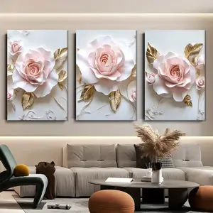 2D Flat, 3pcs Set Modern Abstract Pink and White Floral Canvas Wall Art, Suitable for Living Room and Bedroom Decor, Vintage Style with Delicate Details, Frameless