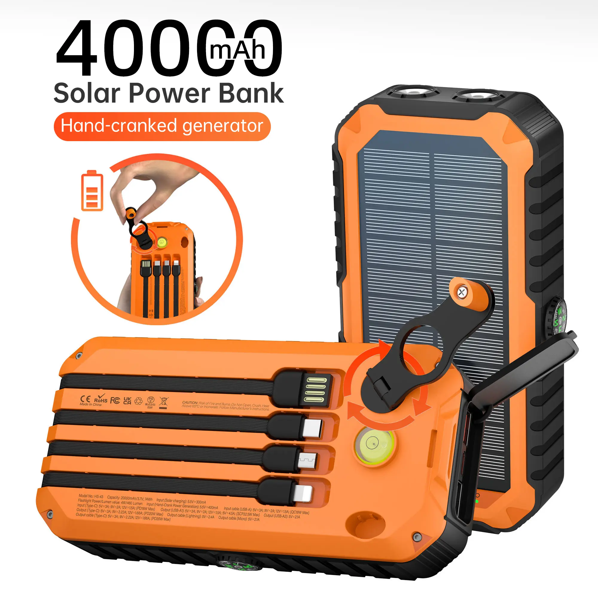 Diamuar 40,000mAh Solar Power Bank with Hand Crank & 4 Cables, Dual USB/Type-C Fast Charging, Bright LED Light, Built-in Compass & Leveler - Portable Solar Charger for Phones, Camping, Travel, Outdoor Emergencies summerwins
