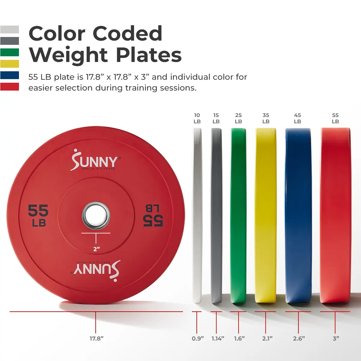 Sunny Health & Fitness Elite 2-in Rubber Olympic Weight Plates, 10-55 LBS Color-Coded for Easy Selection, Weights for Home Gym Use, Strength Training Workouts (Deadlifts, Squats, Bench Press)