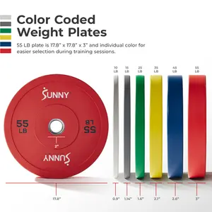 Sunny Health & Fitness Elite 2-in Rubber Olympic Weight Plates, 10-55 LBS Color-Coded for Easy Selection, Weights for Home Gym Use, Strength Training Workouts (Deadlifts, Squats, Bench Press)