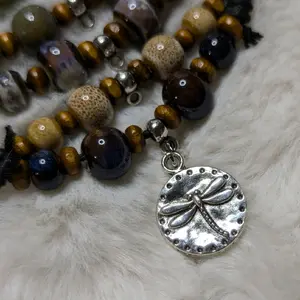 Dragonfly Coin Charm Ceramic Beaded Silver Boho Hippie Whimsical Adjustable Black Rope Cord Choker Stacking Necklace