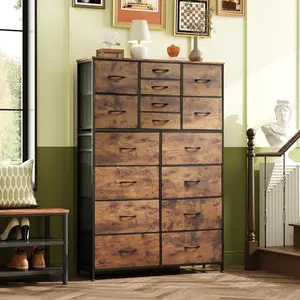 16-Drawer Storage Tower Console Table | Multi-Functional Organizer with Wood Top for Entryway, Living Room & Office