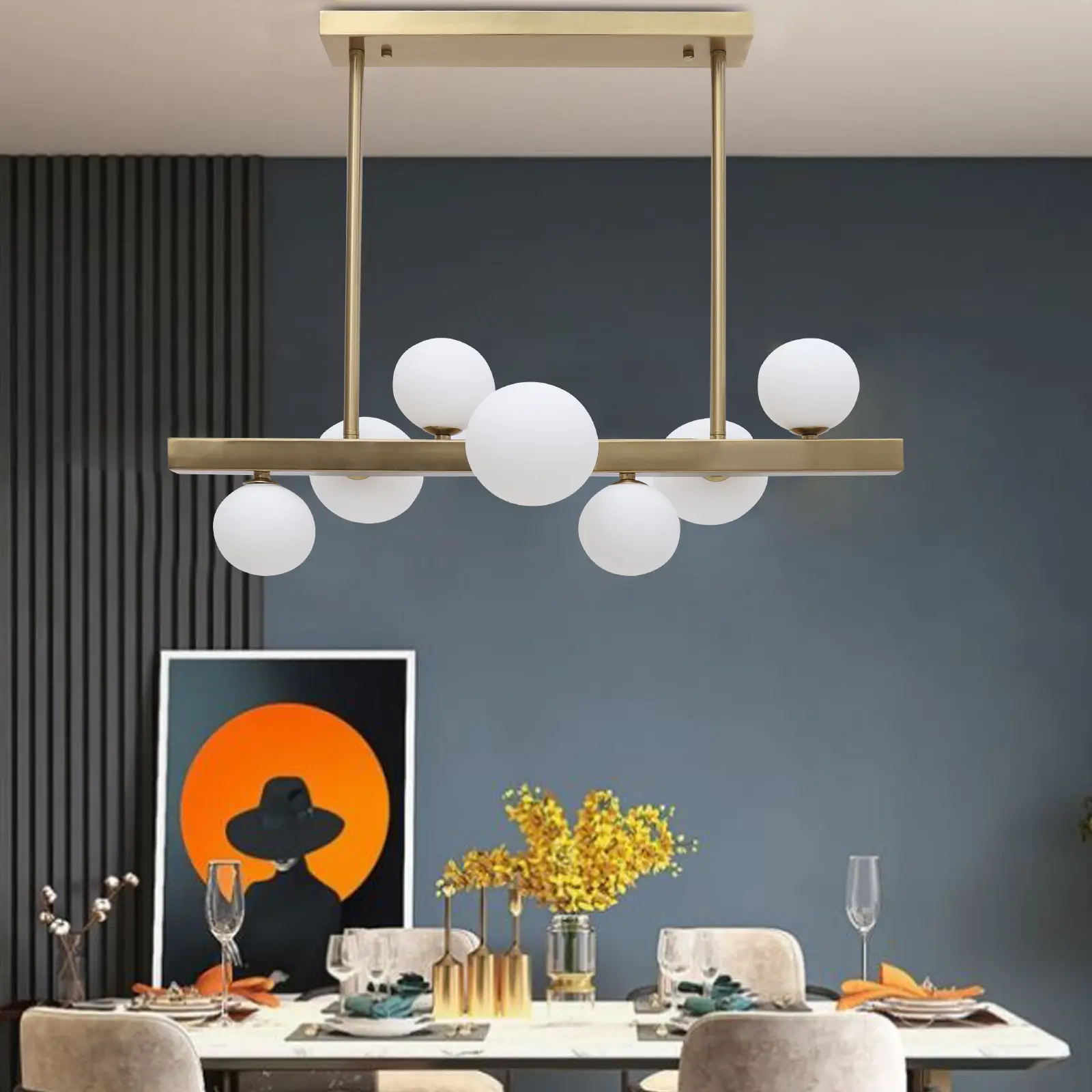 7-Light Gold Metal Glass Globe Pendant Lamp - 29.53in(75cm) Length, 7.87in(20cm) Pole, AC Power, Adjustable Height Oval Chandelier, 5W Dimmable Bulb-Compatible (Bulbs Not Included) for Modern Home Interiors