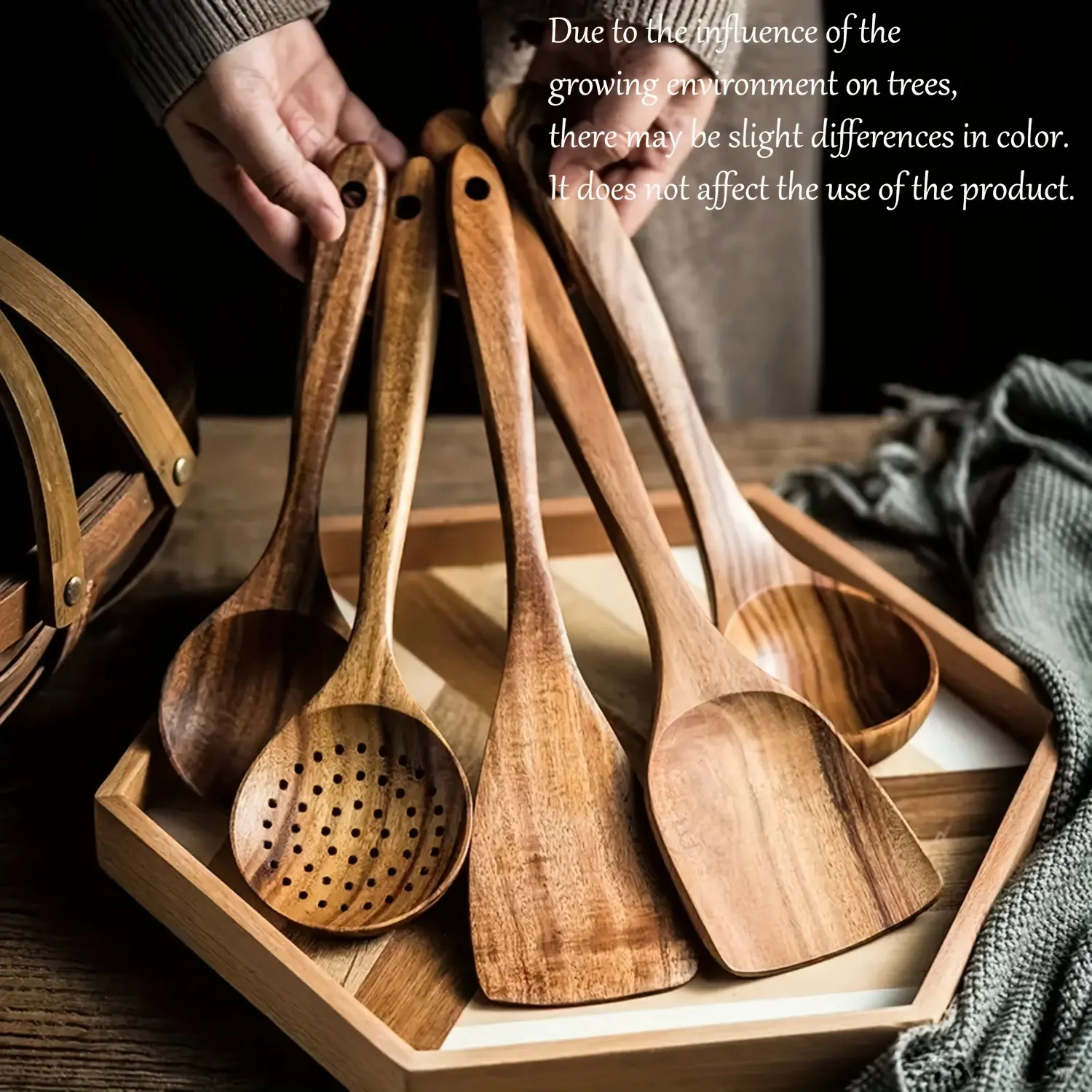 5-piece wooden kitchen utensil set featuring ergonomically designed handles; includes natural wood spoons, stirring scoops, and frying pans/saute pans. Suitable for nonstick cookware—heat-resistant, easy to clean, and durable essential kitchen utensils an