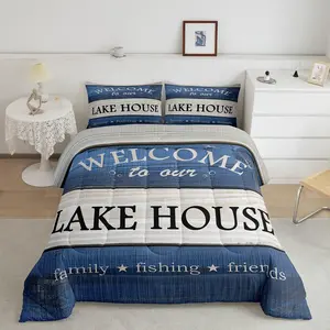 Lake House Comforter Set,Cabin Lodge Rustic Farmhouse Style Bedding Set for Women Adult,Country Blue Wooden Stripes Luxury Bed Duvet Insert