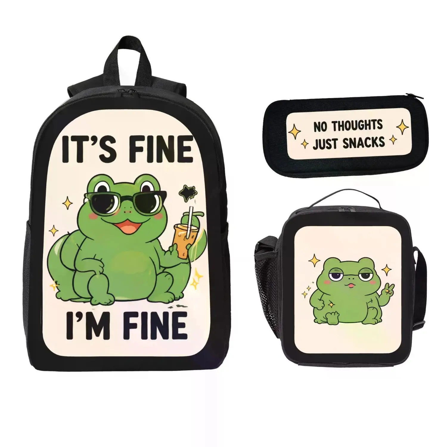 17-Inch Cute Black Frog Backpack Set for Students, 3-Piece School Bundle with Insulated Lunch Bag & Pencil Case, Ideal Back to School Supply