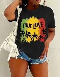 Womens True Love Graphic Tee Short Sleeve Crewneck Shirt Casual Loose Fit Summer Top Reggae Rasta Color Block Palm Tree Island Vacation Beach Outfit vintage clothing